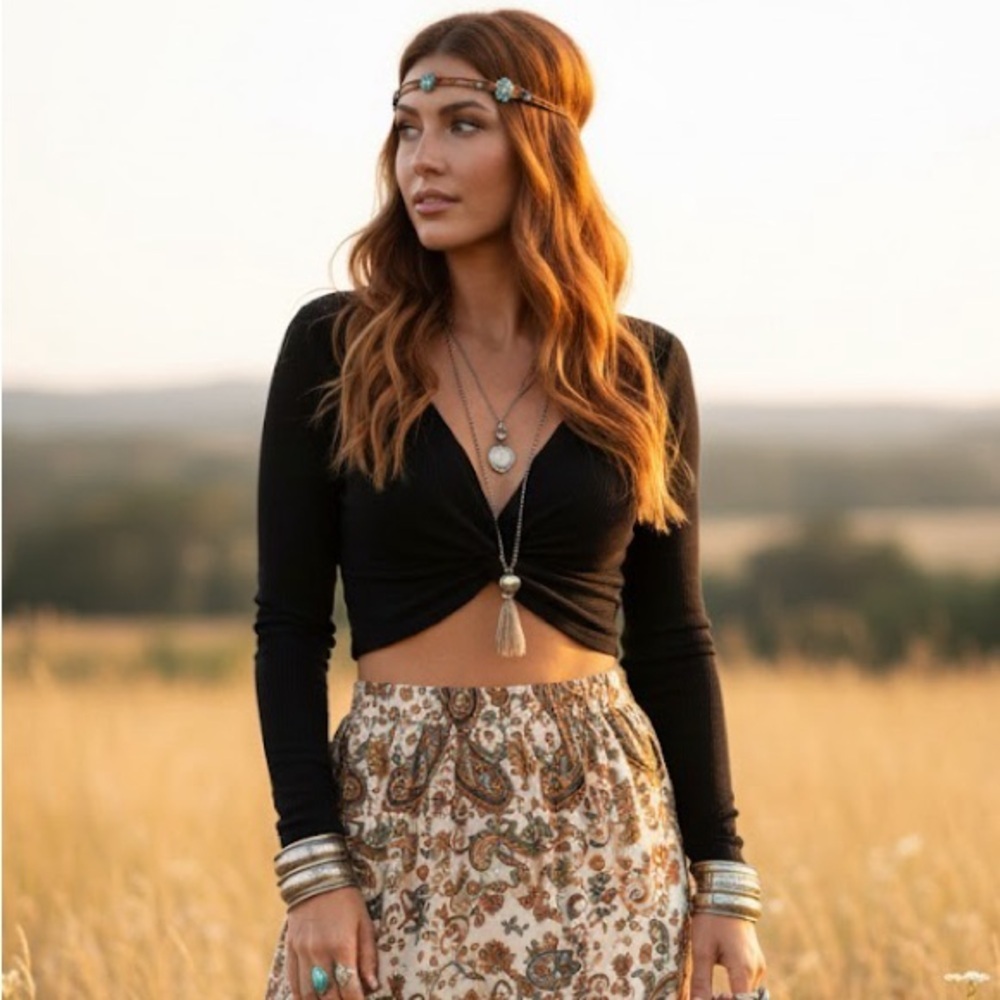 Butgood Black Ribbed Long Sleeve Twist Front Crop Top Bohemian Chic Size Large